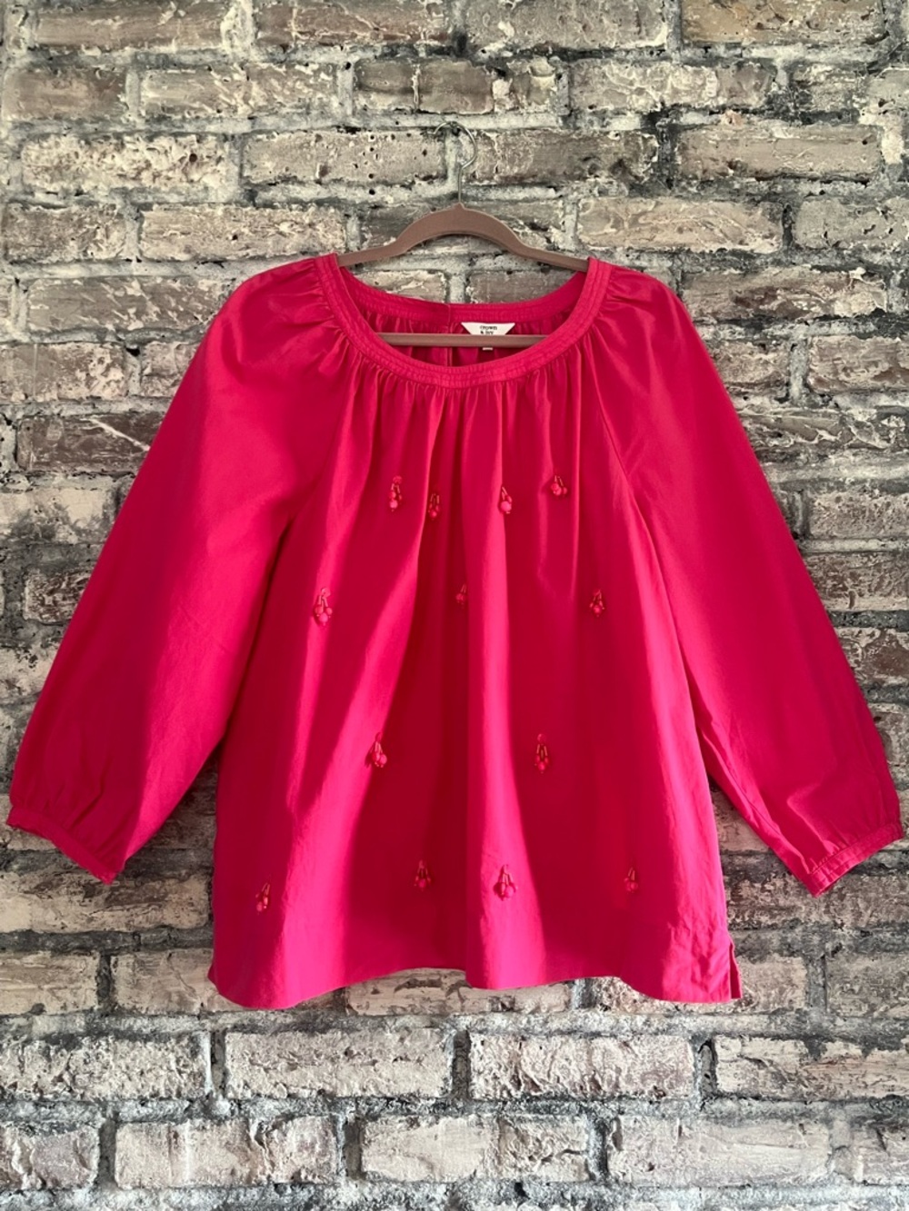 crown & ivy Hot Pink Peasant Top with beading thru out, button sleeves, sideslit